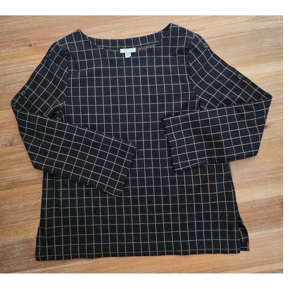 J. Jill Womens Black Tan Windowpane Grid Ponte Knit Button Sleeve Top Medium